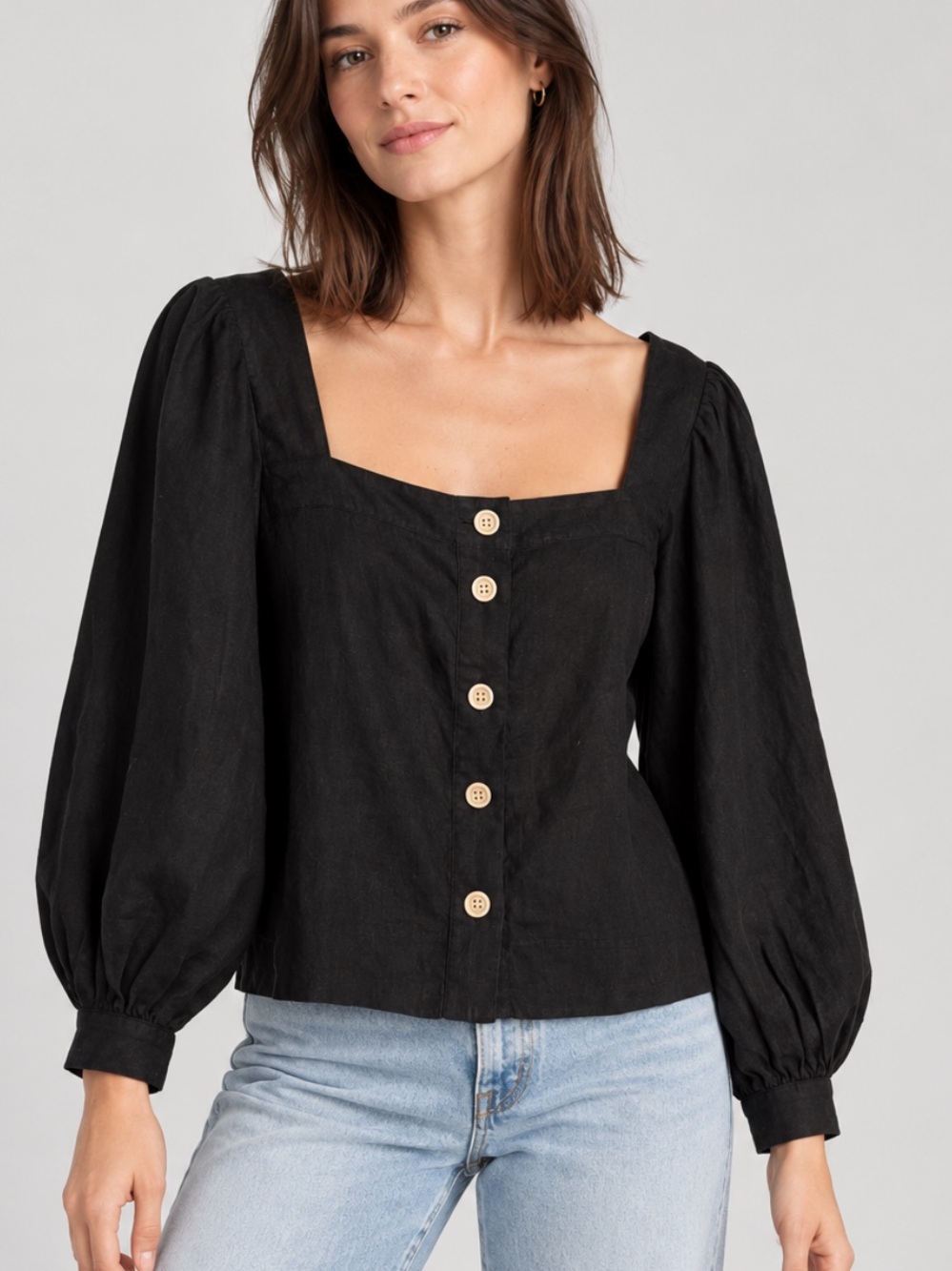 J. Crew Squareneck Linen Button-up Top in Black